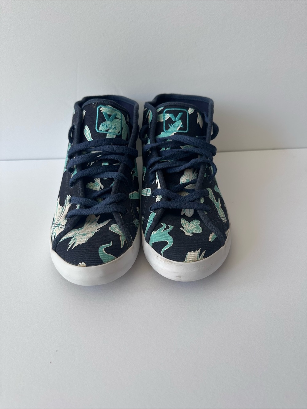 Veja Men's Navy Chukka Boots with Mint Rainforest print.